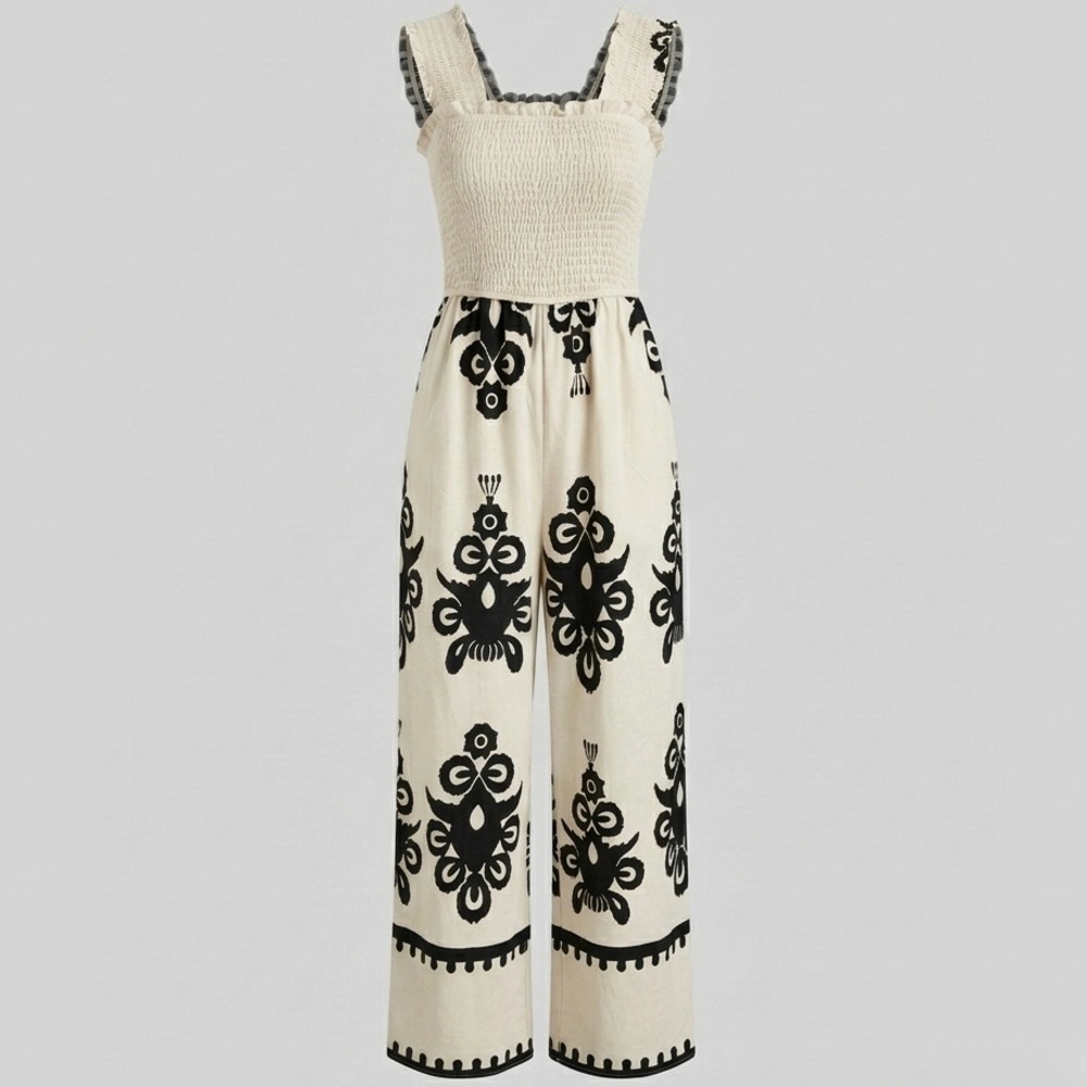 Boho Smocked Bodice Jumpsuit Wide Leg Paisley Print cream & black, S-M (stretch)